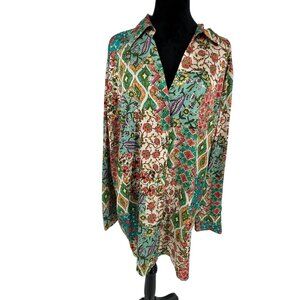 Susan Graver Womens Button Up Shirt Size 2X Floral Patchwork Blouse Work Boho